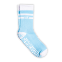 A light blue and white athletic crew sock with grip dots on the sole, featuring the letters 'IAK' in white on the upper cuff.