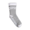 A pair of gray and white athletic socks with grip dots on the sole, featuring the brand name 'IAK' printed in white on the upper cuff.