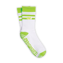 A pair of white crew socks with bright lime green accents, featuring grip dots on the sole, a green toe cap, and the brand name 'IAK.' printed in green on the side.