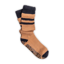 A pair of beige and navy blue grip socks with black grip dots on the sole, shown against a plain white background.