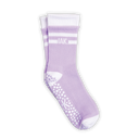 A single lavender and white athletic crew sock with grip dots on the sole, featuring the letters 'IAK.' in white on the ribbed cuff.