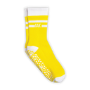 A pair of bright yellow athletic crew socks with white stripes, a white ribbed cuff, a white grip pattern on the sole, and the brand name 'IAK' printed in white on the side, shown against a plain white background.
